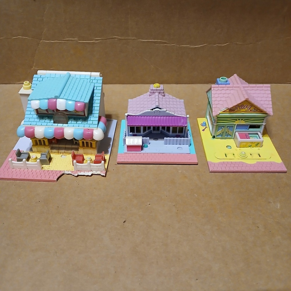 Bluebird Polly Pocket Village 3pc Lot Pizza Cafe Pet Parlor Light Up Vintage